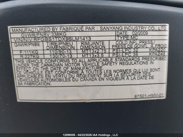 Aukcja sprzedaży 2009 Sym Rv 250, vin: RFGBS1TDX9SLM1413, numer aukcji: 12598058