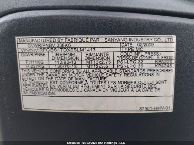 Aukcja sprzedaży 2009 Sym Rv 250, vin: RFGBS1TDX9SLM1413, numer aukcji: 12598058