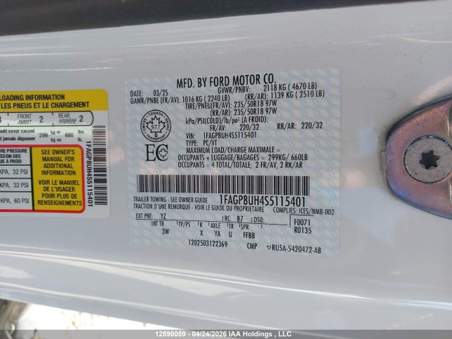 12598059 :رقم المزاد ، 1FAGP8UH4S5115401 vin ، 2025 Ford Mustang Ecoboost Premium مزاد بيع