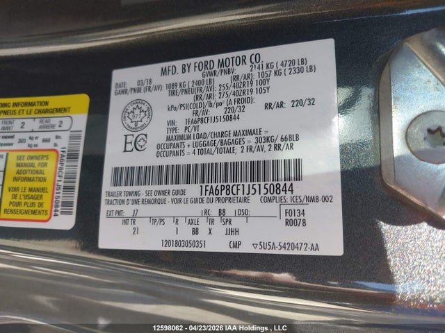 Продаж на аукціоні авто 2018 Ford Mustang Gt, vin: 1FA6P8CF1J5150844, номер лоту: 12598062