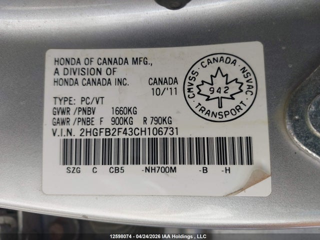 Aukcja sprzedaży 2012 Honda Civic, vin: 2HGFB2F43CH106731, numer aukcji: 12598074