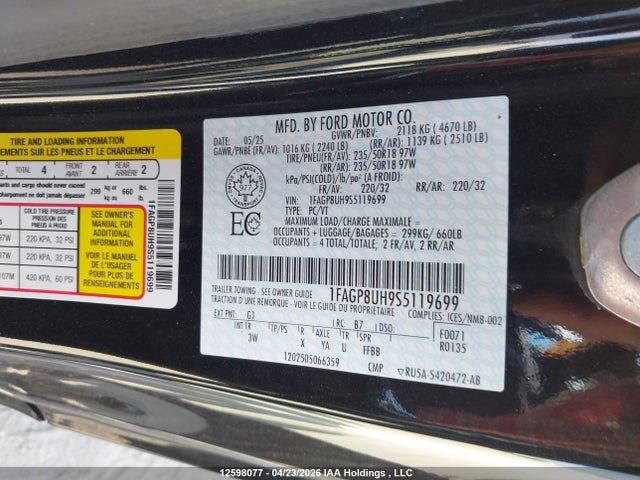 Продаж на аукціоні авто 2025 Ford Mustang, vin: 1FAGP8UH9S5119699, номер лоту: 12598077