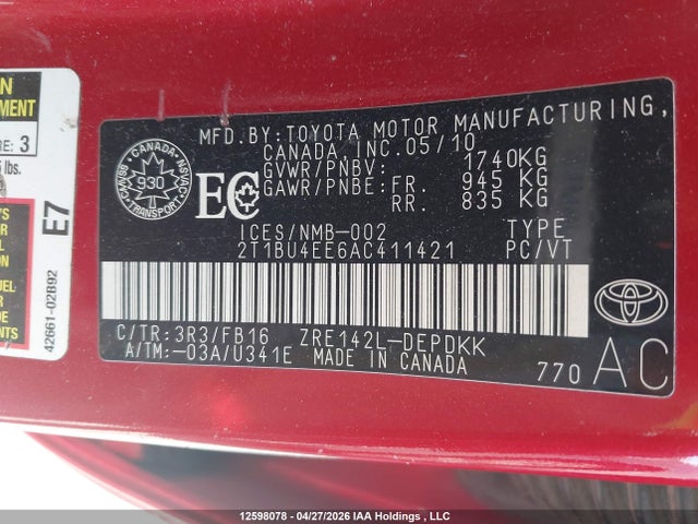 12598078 :رقم المزاد ، 2T1BU4EE6AC411421 vin ، 2010 Toyota Corolla Ce مزاد بيع