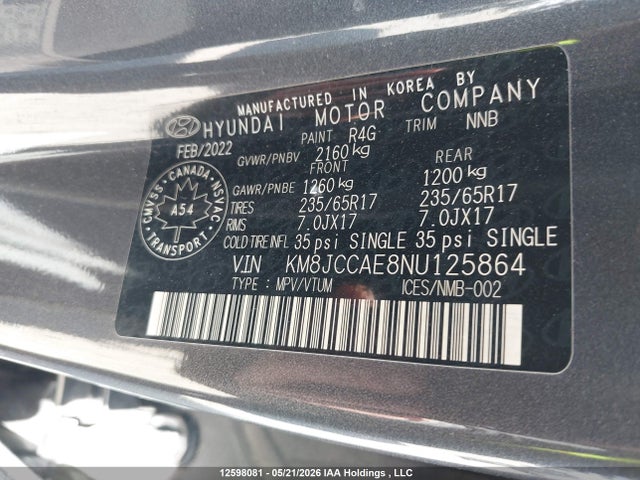 Продажа на аукционе авто 2022 Hyundai Tucson Preferred Awd With Trend Package, vin: KM8JCCAE8NU125864, номер лота: 12598081