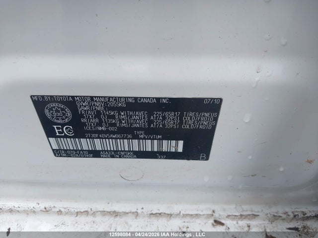 12598084 :رقم المزاد ، 2T3DF4DV5AW067736 vin ، 2010 Toyota Rav4 Limited مزاد بيع