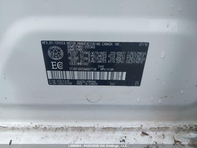 12598084 :رقم المزاد ، 2T3DF4DV5AW067736 vin ، 2010 Toyota Rav4 Limited مزاد بيع