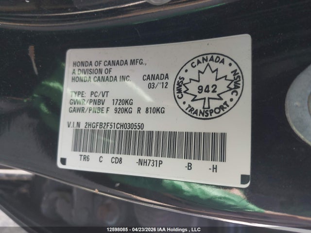 2012 Honda Civic Ex მანქანა იყიდება აუქციონზე, vin: 2HGFB2F51CH030550, აუქციონის ნომერი: 12598085