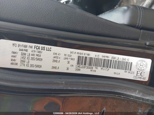 12598086 :رقم المزاد ، 1C4RDJDG9FC826698 vin ، 2015 Dodge Durango مزاد بيع