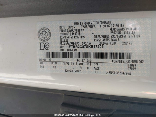 12598089 :رقم المزاد ، 1FTBR2C87SKB17206 vin ، 2025 Ford Transit T-250 مزاد بيع