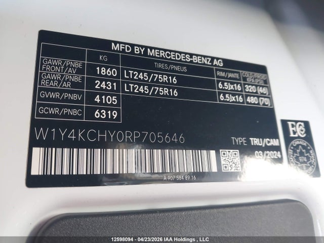 Продажа на аукционе авто 2024 Mercedes-benz Sprinter 2500, vin: W1Y4KCHY0RP705646, номер лота: 12598094