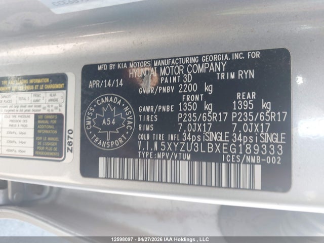 Продаж на аукціоні авто 2014 Hyundai Santa Fe Sport, vin: 5XYZU3LBXEG189333, номер лоту: 12598097