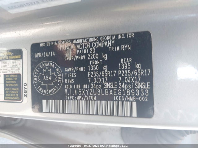 Продаж на аукціоні авто 2014 Hyundai Santa Fe Sport, vin: 5XYZU3LBXEG189333, номер лоту: 12598097