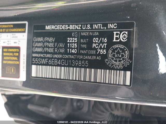 Продаж на аукціоні авто 2016 Mercedes-benz C 450 4mati Amg, vin: 55SWF6EB4GU139855, номер лоту: 12598101