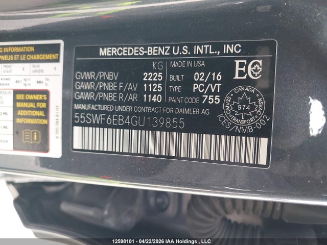 Продаж на аукціоні авто 2016 Mercedes-benz C 450 4mati Amg, vin: 55SWF6EB4GU139855, номер лоту: 12598101
