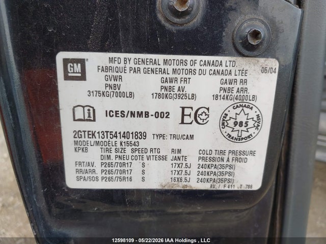 2004 Gmc New Sierra K1500 მანქანა იყიდება აუქციონზე, vin: 2GTEK13T541401839, აუქციონის ნომერი: 12598109