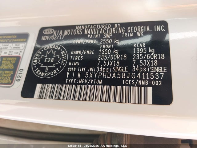 2018 Kia Sorento Ex მანქანა იყიდება აუქციონზე, vin: 5XYPHDA58JG411537, აუქციონის ნომერი: 12598114