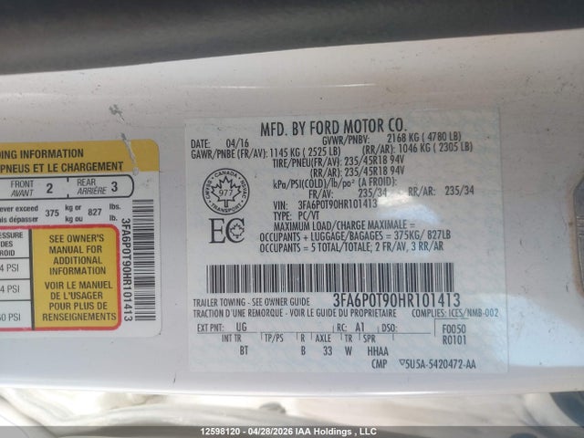 Ford FUSION SE 2017 3FA6P0T90HR101413 Image 9