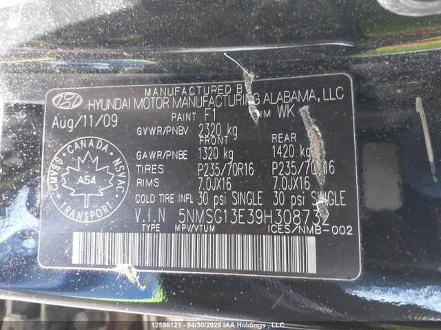 2009 Hyundai Santa Fe Gl/gls მანქანა იყიდება აუქციონზე, vin: 5NMSG13E39H308732, აუქციონის ნომერი: 12598121
