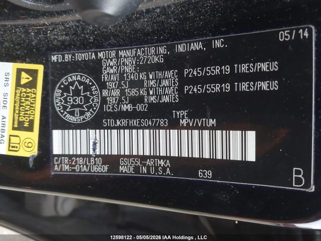 12598122 :رقم المزاد ، 5TDJKRFHXES047783 vin ، 2014 Toyota Highlander Xle مزاد بيع