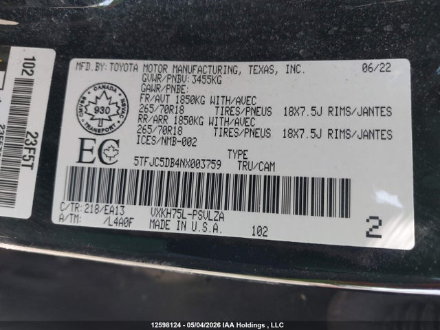 5TFJC5DB4NX003759 Toyota Tundra Crewmax Limited/crewmax Trd Pro