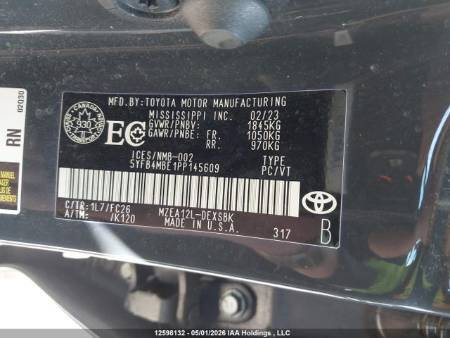 2023 Toyota Corolla მანქანა იყიდება აუქციონზე, vin: 5YFB4MBE1PP145609, აუქციონის ნომერი: 12598132