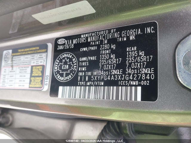 5XYPG4A3XJG427840 KIA Sorento 2.4l Lx