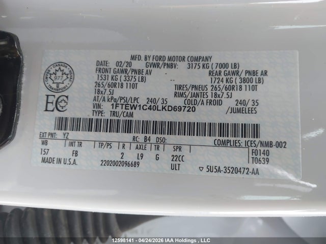12598141 :رقم المزاد ، 1FTEW1C40LKD69720 vin ، 2020 Ford F150 Supercrew مزاد بيع