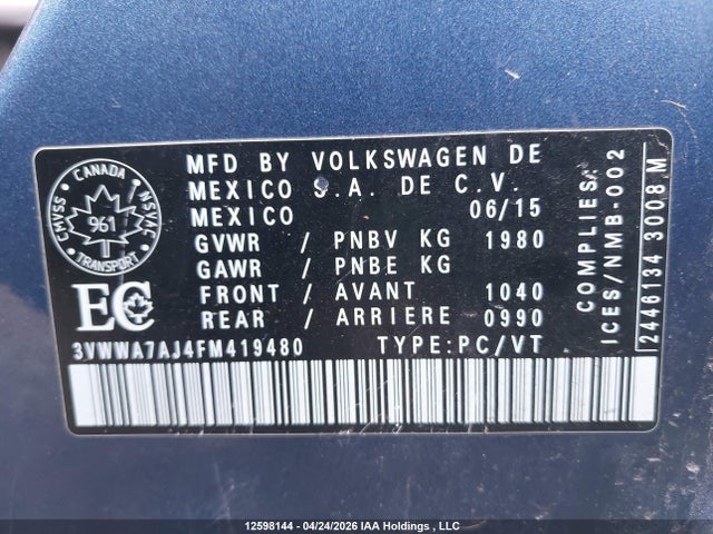 12598144 :رقم المزاد ، 3VWWA7AJ4FM419480 vin ، 2015 Volkswagen Jetta Tdi مزاد بيع