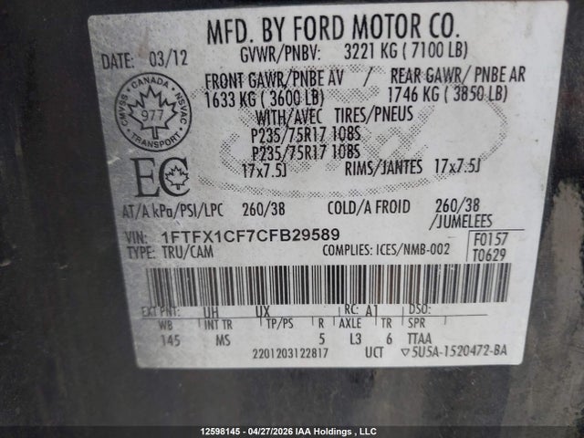 12598145 :رقم المزاد ، 1FTFX1CF7CFB29589 vin ، 2012 Ford F-150 مزاد بيع