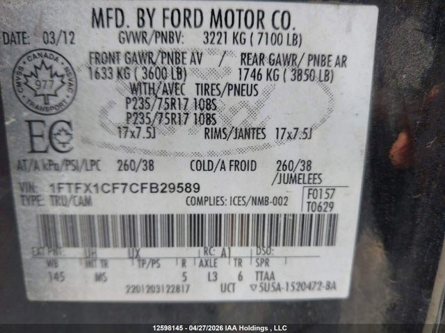 12598145 :رقم المزاد ، 1FTFX1CF7CFB29589 vin ، 2012 Ford F-150 مزاد بيع