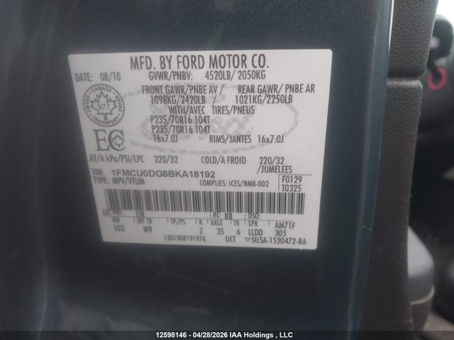 12598146 :رقم المزاد ، 1FMCU0DG8BKA18192 vin ، 2011 Ford Escape Xlt Automatic مزاد بيع