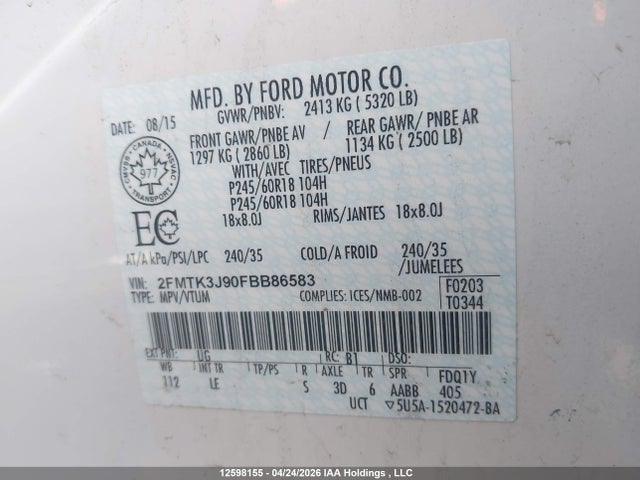 12598155 :رقم المزاد ، 2FMTK3J90FBB86583 vin ، 2015 Ford Edge Sel مزاد بيع
