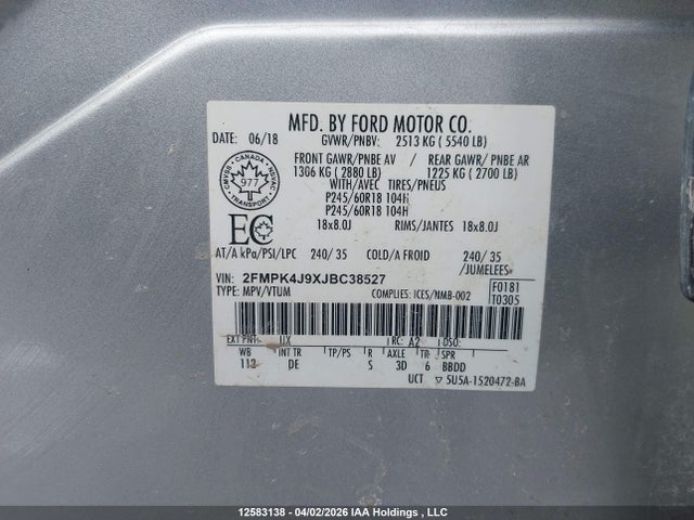 Продажа на аукционе авто 2018 Ford Edge Sel, vin: 2FMPK4J9XJBC38527, номер лота: 12583138