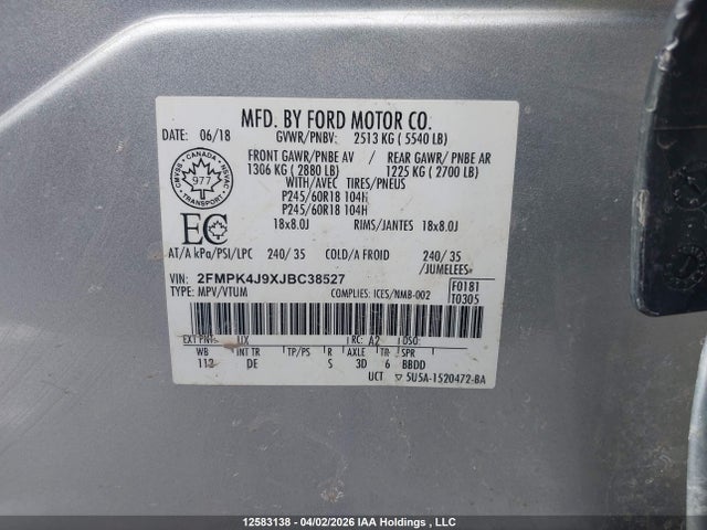 Продажа на аукционе авто 2018 Ford Edge Sel, vin: 2FMPK4J9XJBC38527, номер лота: 12583138