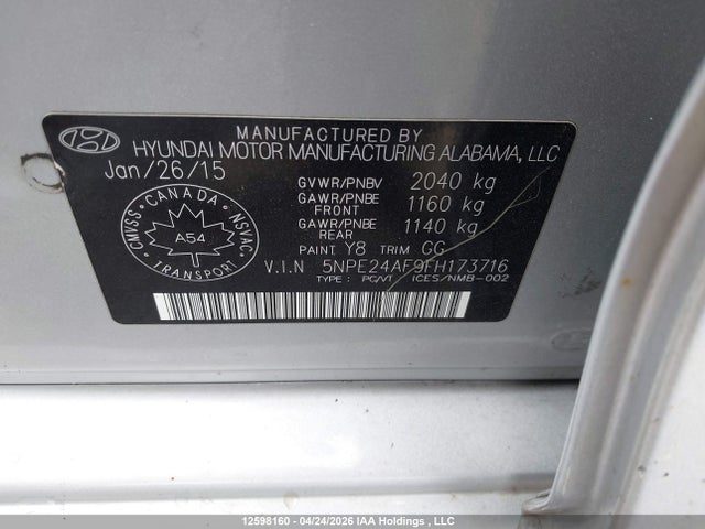 5NPE24AF9FH173716 Hyundai SONATA GL