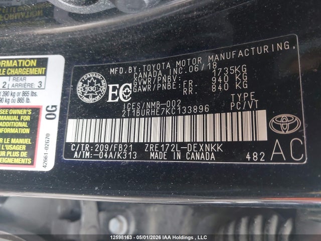 2T1BURHE7KC133896 Toyota Corolla L/le/xle/se/xse