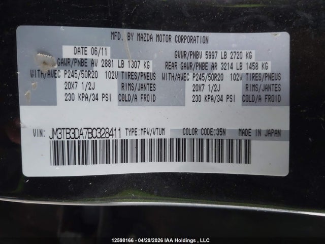 Продаж на аукціоні авто 2011 Mazda Cx-9 Gt, vin: JM3TB3DA7B0328411, номер лоту: 12598166