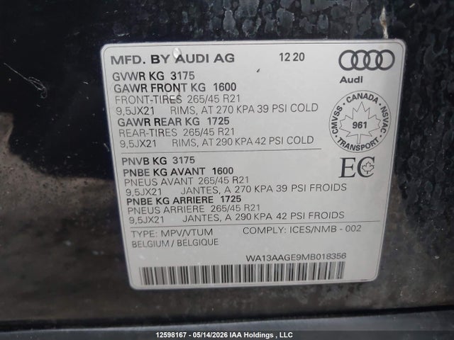 WA13AAGE9MB018356 Audi E-tron Sportback Prestige