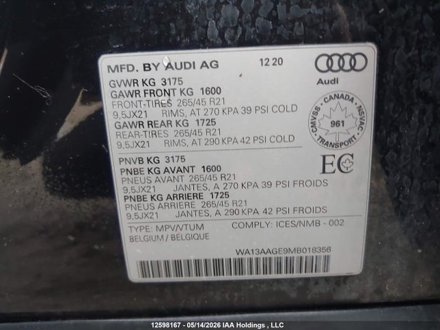 WA13AAGE9MB018356 Audi E-tron Sportback Prestige