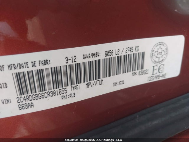 Продажа на аукционе авто 2012 Dodge Grand Caravan Se/sxt, vin: 2C4RDGBG6CR301655, номер лота: 12598169
