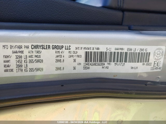 Продажа на аукционе авто 2011 Dodge Durango Crew Plus, vin: 1D4RE4GG0BC662894, номер лота: 12598180