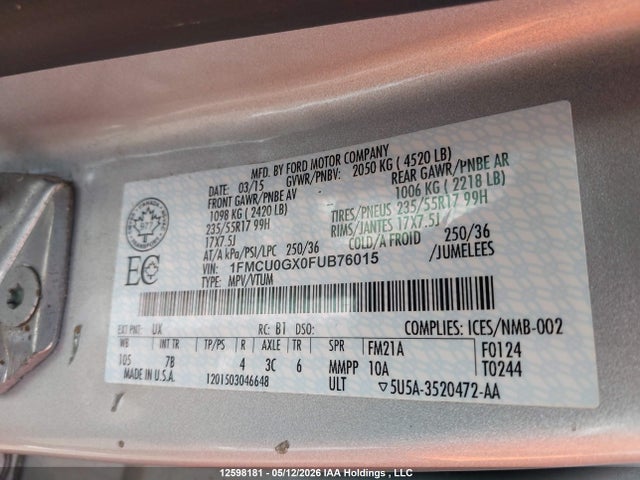 1FMCU0GX0FUB76015 Ford ESCAPE SE