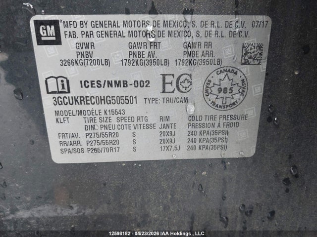 3GCUKREC0HG505501 Chevrolet Silverado K1500 Lt