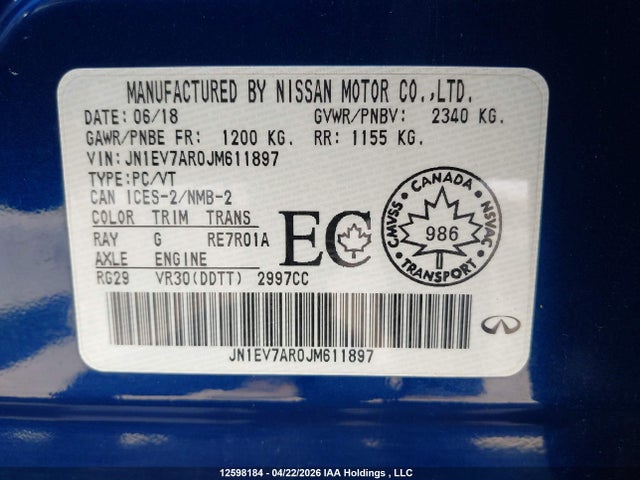 2018 Infiniti Q50 მანქანა იყიდება აუქციონზე, vin: JN1EV7AR0JM611897, აუქციონის ნომერი: 12598184