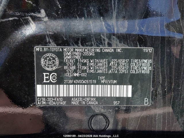 Продажа на аукционе авто 2012 Toyota Rav4, vin: 2T3BF4DV0CW261519, номер лота: 12598189