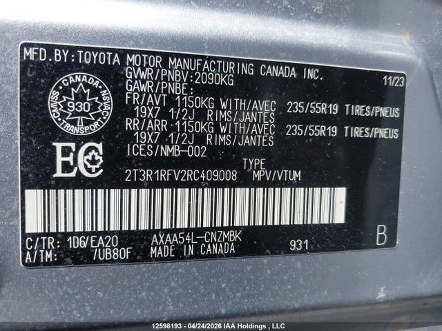 2024 Toyota Rav4 Xle/xle Premium მანქანა იყიდება აუქციონზე, vin: 2T3R1RFV2RC409008, აუქციონის ნომერი: 12598193