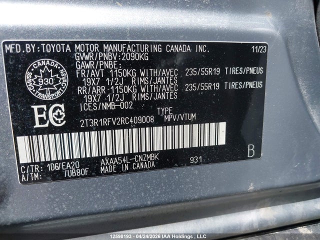 2024 Toyota Rav4 Xle/xle Premium მანქანა იყიდება აუქციონზე, vin: 2T3R1RFV2RC409008, აუქციონის ნომერი: 12598193