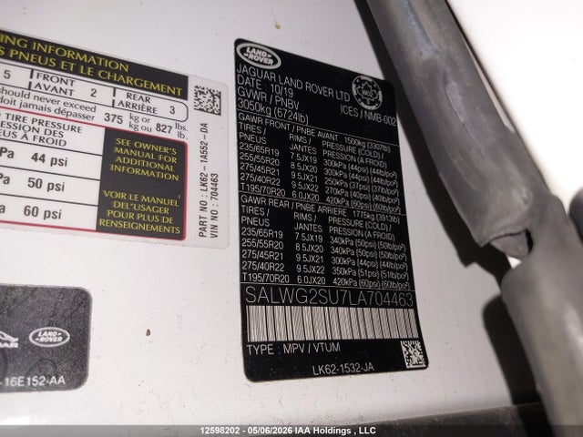 Продажа на аукционе авто 2020 Land Rover Range Rover Sport Se, vin: SALWG2SU7LA704463, номер лота: 12598202