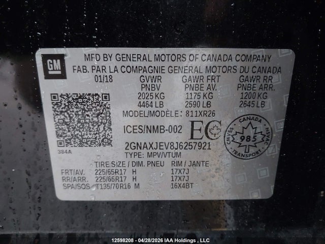 2018 Chevrolet Equinox Lt მანქანა იყიდება აუქციონზე, vin: 2GNAXJEV8J6257921, აუქციონის ნომერი: 12598208