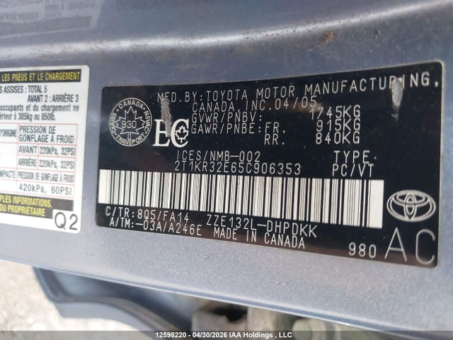 12598220 :رقم المزاد ، 2T1KR32E65C906353 vin ، 2005 Toyota Corolla Matrix Xr مزاد بيع